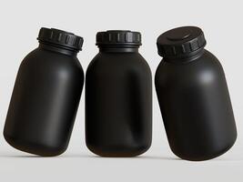 Black plastic bottle with blank label on white background, 3d rendering. photo