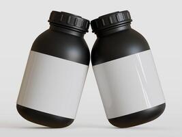 Black plastic bottle with blank label on white background, 3d rendering. photo