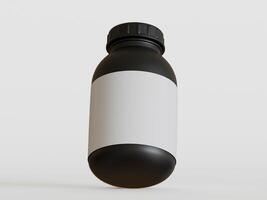 Black plastic bottle with blank label on white background, 3d rendering. photo