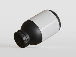 Black plastic bottle with blank label on white background, 3d rendering. photo