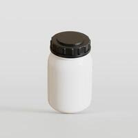 Blank white round supplements, medicine bottle with black grooved lid for beauty or healthy product. Isolated on white background with shadow. Ready to use for package design. illustration. photo