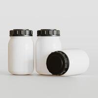 Blank white round supplements, medicine bottle with black grooved lid for beauty or healthy product. Isolated on white background with shadow. Ready to use for package design. illustration. photo
