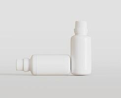 blanco blanco botella para medicina o belleza producto en blanco fondo, Copiar espacio. vacío espacio. minimalismo 3d representación foto
