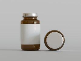 Amber Pills brown Bottle 3d Rendering white label on white background photo