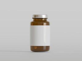 Amber Pills brown Bottle 3d Rendering white label on white background photo