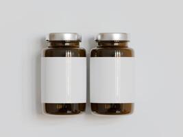 Amber Pills brown Bottle 3d Rendering white label on white background photo