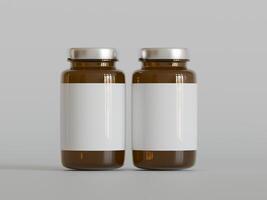 Amber Pills brown Bottle 3d Rendering white label on white background photo