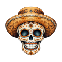 Festive Sugar Skulls Adorned with Colorful Hats png