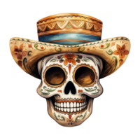 Festive Sugar Skulls Adorned with Colorful Hats png