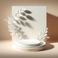 A simple 3D podium with a white theme and leaf decoration photo