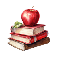 rosso Mela su un' colorato pila di libri, simbolo di apprendimento e conoscenza png
