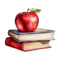 rojo manzana en un vistoso apilar de libros, símbolo de aprendizaje y conocimiento png