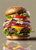 a hamburger with a yellow and red lettuce on it photo