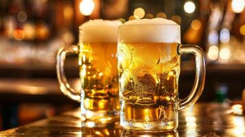 Two glasses of beer on a wooden table in a pub or bar photo