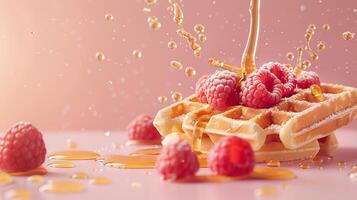 Belgian waffle breakfast scene with elements floating in the air, against a light maple syrup colored background photo