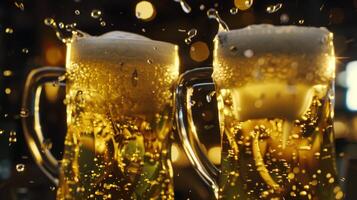 Two glasses of beer on a wooden table in a pub or bar photo