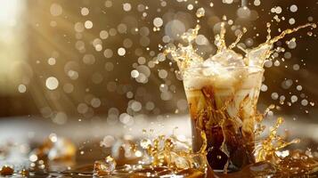 Coffee splashing into glass with ice cubes on isolate background photo