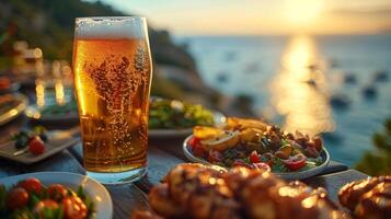 jarra de cerveza y meriendas en un de madera mesa en el jardín foto