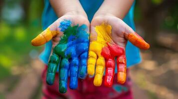 dedos como creativo herramientas, un niño participación arriba su manos con vistoso pintar en ellos foto