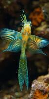 A fish with a blue tail and yellow fins is swimming in the water photo