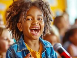 A young girl with curly hair is smiling and holding a microphone photo