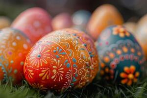 A group of painted eggs with different colors and designs photo