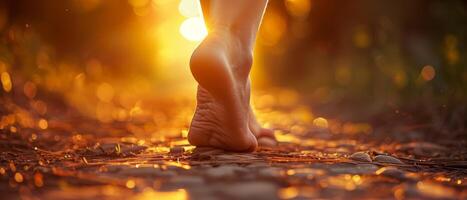 Art of feet walking on the path of life, Concept of warmth and relaxation, as the sun's rays illuminate the person's foot photo