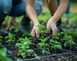 Two people are planting seedlings in a garden photo