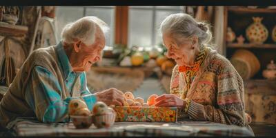 Two elderly people are sitting at a table with a box of eggs in front of them photo