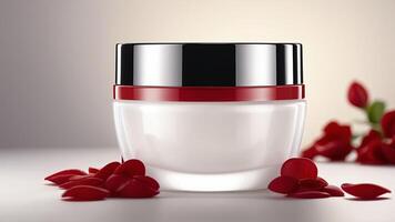 Luxurious Hydrating Face Cream in a Sleek Jar with Bold Red Accents and Soft Rose Petals photo