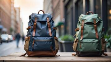 elegante urbano mochilas en verde azulado y aceituna - Perfecto mezcla de estilo y función para ciudad exploradores foto