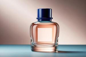 Chic Glass Perfume Bottle with Blue Cap and Blank Label for Custom Branding Against a Gradient Background photo