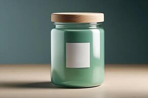 elegante azul vaso tarro con de madera tapa y blanco etiqueta - moderno cocina almacenamiento solución foto