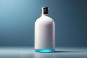 Minimalist White Shampoo Bottle with Glossy Finish Perfect for Branding, Isolated on a Blue Background photo