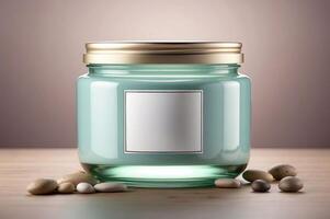 Elegant Blue Glass Jar with Wooden Lid and Blank Label - Modern Kitchen Storage Solution photo