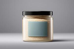 Organic Light Brown Granulated Sugar in Clear Glass Jar with Sleek Black Lid - Gourmet Kitchen Essential Mockup with Teal Label Space photo