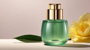 Revitalizing Green Facial Toner in Luxury Bottle with Gold Cap, Complemented by a Vibrant Yellow Bloom photo