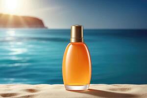 a bottle of perfume on the beach with the sun in the background photo