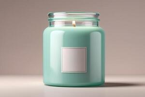 Mint Green Scented Candle in Glass Jar with Blank Label photo