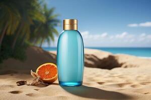 a bottle of blue liquid on the beach with an orange photo