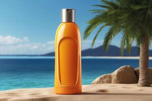 un naranja botella de protector solar en el playa con palma arboles foto