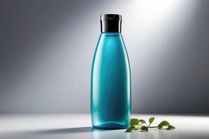 Luxurious Turquoise Skincare Bottle with Black Cap and Natural Leaves photo