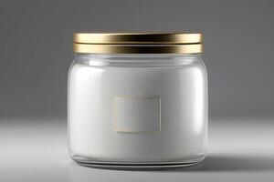 a white jar with a gold lid on a gray background photo