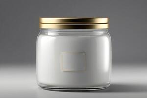 a white jar with a gold lid on a gray background photo