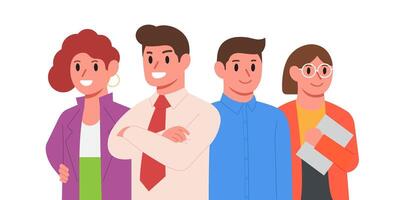 negocio equipo sonriente y seguro. empleado trabajo en equipo concepto. grupo de negocio personas a exitoso. plano ilustraciones. vector