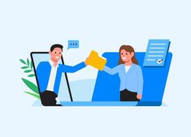 Send online document to business partners. Business exchange. Workers with folders. Sharing folder smartphone and laptop. Employees send file. cartoon illustration. vector