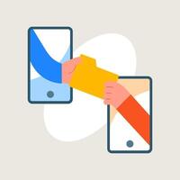 Hand send file between two mobile. Share material concept. File transfer between two mobile phone. Copy document, exchange data. Flat Illustration vector