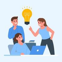 Brainstorming Team Concept. Teamwork collaboration. Business People Discussing Idea. Employees Work on Laptops and Communicate. Cartoon Illustration vector