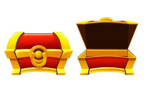 Open and close the empty Treasure chest. Game achievement success gift, antique trunk, UI winner bonus reward. vector