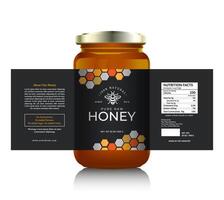 Honey black label sticker design bottle jar raw food product packaging. vector